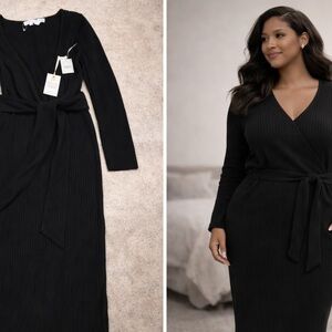 Good American Black Ribbed Wrap Midi Dress